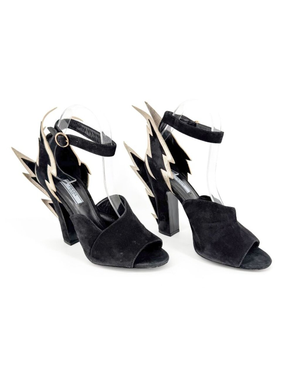 Prada Thunderbolt Lightning Suede Block Heel Sandals Black Size 38.5 US 8.5